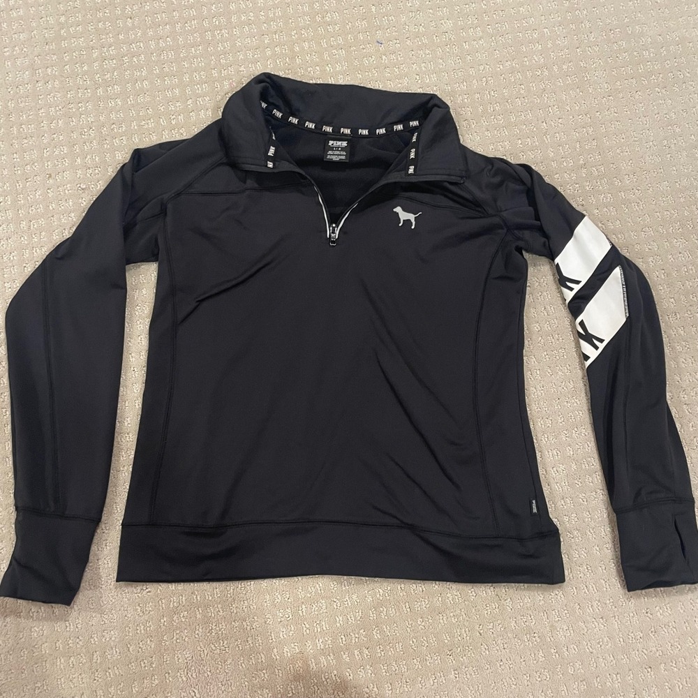 PINK Victoria's Secret Quarter Zip Pullover Black Logo Sleeve Active Top Large